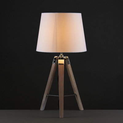 ValueLights Pair of - Modern Distressed Wood and Silver Chrome Tripod Table Lamps with White Tapered Light Shades