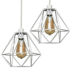 ValueLights Pair Of Modern Geometric White Metal Basket Cage Ceiling Pendant Light Shades