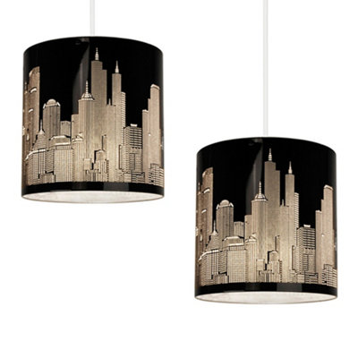 ValueLights Pair Of Modern Gloss Black New York Skyline Ceiling Pendant Shades