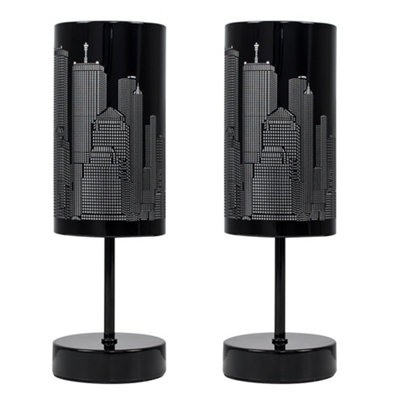 ValueLights Pair Of Modern Gloss Black Touch Table Lamps With New York Skyline Shades