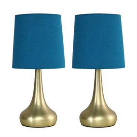 ValueLights Pair Of Modern Gold Teardrop Touch Bed Side Table Lamps With Navy Fabric Shades