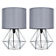 ValueLights Pair of Modern Grey Metal Basket Cage Bed Side Table Lamps With Grey Fabric Shade With LED Golfball Bulb In Warm White