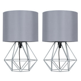 ValueLights Pair of Modern Grey Metal Basket Cage Bed Side Table Lamps With Grey Fabric Shade With LED Golfball Bulb In Warm White
