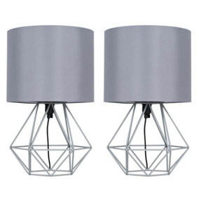 ValueLights Pair Of Modern Grey Metal Basket Cage Style Table Lamps With Grey Fabric Shade