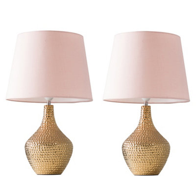 ValueLights Pair Of Modern Metallic Gold Indent Textured Ceramic Table Lamps With Pink Shades