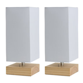 ValueLights Pair Of Modern Pine Wood And White Bedside Table Lamps With USB Charging Ports