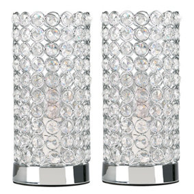 ValueLights Pair Of Modern Polished Chrome And Clear K9 Crystal Jewel Cylinder Touch Table Lamps
