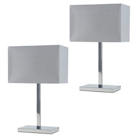 ValueLights Pair of - Modern Polished Chrome Square Tube Table Lamps With Grey Rectangular Shade - LED Bulbs 3000K Warm White
