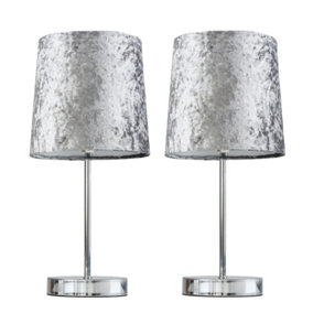 ValueLights Pair Of Modern Polished Chrome Table Lamps With Silver Grey Velvet Shades
