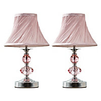 ValueLights Pair Of Modern Polished Chrome Touch Table Lamps With Pink Pleated Shades