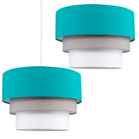 ValueLights Pair Of Modern Round 3 Tier Turquoise Teal Grey And White Fabric Ceiling Light Shades