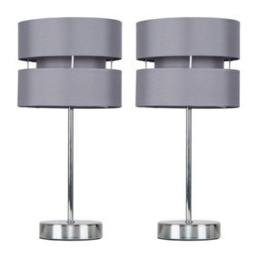 ValueLights Pair Of Modern Silver Chrome Bedside Table Lamps With Grey Shades