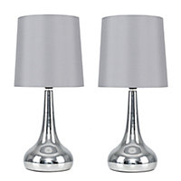 ValueLights Pair Of Modern Silver Chrome Teardrop Touch Bed Side Table Lamps With Grey Fabric Shades