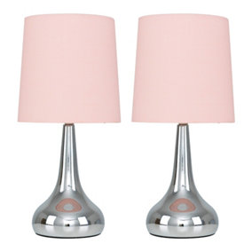 ValueLights Pair Of Modern Silver Chrome Teardrop Touch Bed Side Table Lamps With Pink Fabric Shades