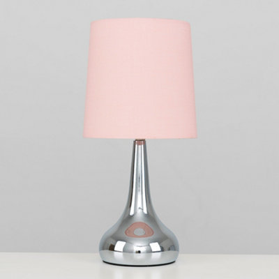 ValueLights Pair Of Modern Silver Chrome Teardrop Touch Bed Side Table Lamps With Pink Fabric Shades