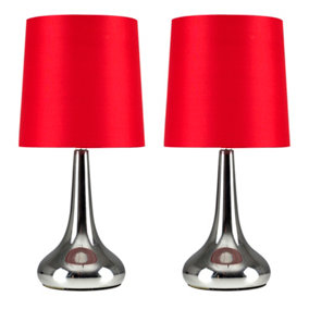ValueLights Pair Of Modern Silver Chrome Teardrop Touch Bed Side Table Lamps With Red Fabric Shades