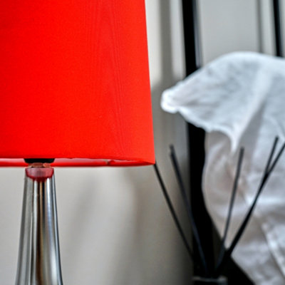 ValueLights Pair Of Modern Silver Chrome Teardrop Touch Bed Side Table Lamps With Red Fabric Shades