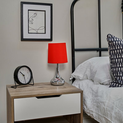 ValueLights Pair Of Modern Silver Chrome Teardrop Touch Bed Side Table Lamps With Red Fabric Shades