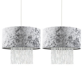 ValueLights Pair Of Modern Silver Grey Velvet Ceiling Pendant Light Shades With Clear Acrylic Droplets