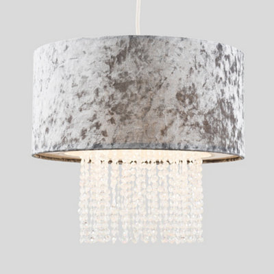 ValueLights Pair Of Modern Silver Grey Velvet Ceiling Pendant Light Shades With Clear Acrylic Droplets