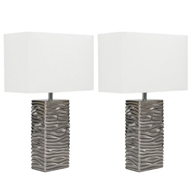 ValueLights Pair Of Modern Silver Ripple Effect Ceramic Table Lamps With White Light Shades