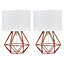 ValueLights Pair Of Modern Small Copper Metal Basket Cage Table Lamps With White Fabric Shades