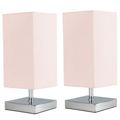 ValueLights Pair Of Modern Square Polished Chrome Touch Table Lamps With Pink Shades