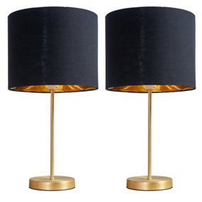 ValueLights Pair of - Modern Standard Table Lamps In Gold Metal Finish With Black/Gold Drum Shade
