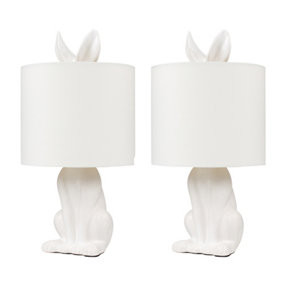 ValueLights Pair Of Modern White Ceramic Rabbit Hare Table Lamps With White Shades