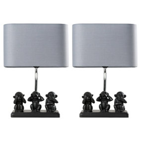ValueLights Pair Of Monkey Animal Quirky Modern Black Table Lamps With Grey Shades