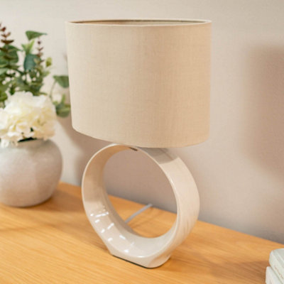 ValueLights Pair of Natural Hoop Ceramic Bedside Table Lamps with a Fabric Lampshade Living Room Light - Bulbs Included