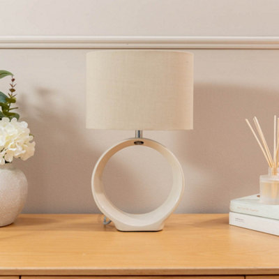 ValueLights Pair of Natural Hoop Ceramic Bedside Table Lamps with a Fabric Lampshade Living Room Light - Bulbs Included