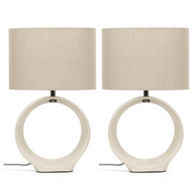 ValueLights Pair of Natural Hoop Ceramic Bedside Table Lamps with a Fabric Lampshade Living Room Light