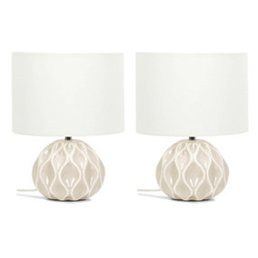 ValueLights Pair of Natural Textured Ceramic Table Lamps with a Cream Fabric Lampshade Bedside Light - Bulbs Included