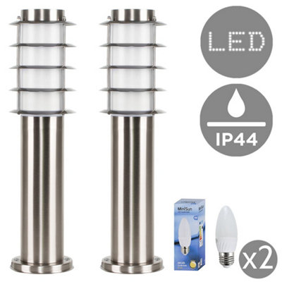 ValueLights Pair of Outdoor Stainless Steel Bollard Lantern Light Post 450mm Complete with 4w LED Candle Bulbs 3000K Warm White