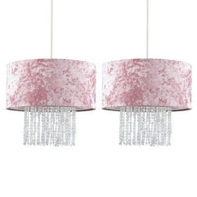 ValueLights Pair Of Pink Velvet Cylinder Ceiling Pendant Light Shades With Clear Acrylic Droplets