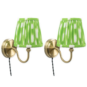 ValueLights Pair of - Plug in Antique Brass Easy Fit Wall Lights with Green Pleated Fabric Tapered Lampshade