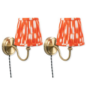 ValueLights Pair of - Plug in Antique Brass Easy Fit Wall Lights with Orange Pleated Fabric Tapered Lampshade - Bulbs Included