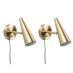 ValueLights Pair of - Plug in Brushed Antique Brass Cone Easy Fit Wall Lights with Adjustable Head - Bulbs included