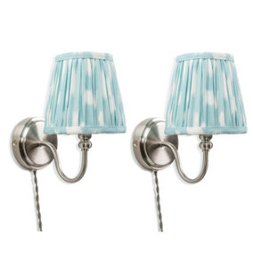 ValueLights Pair of - Plug in Brushed Chrome Easy Fit Wall Lights with Blue Pleated Fabric Tapered Lampshade - Bulbs Included