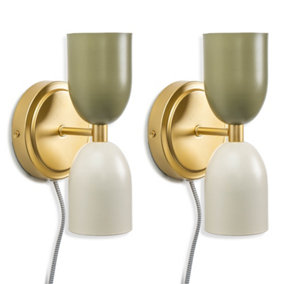 ValueLights Pair of - Plug in Gold Up & Down Easy Fit Wall Lights with Khaki / Cream Shades - Bulbs included