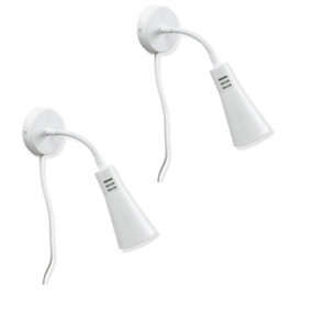 ValueLights Pair of - Plug in White Flexible Gooseneck Easy Fit Adjustable Wall Lights - Bulbs included