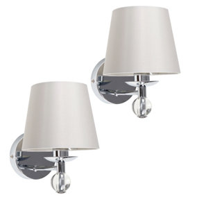 ValueLights Pair Of Polished Chrome And Crystal Detail Wall Light Fittings With Grey Fabric Shades