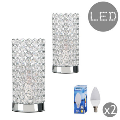 ValueLights Pair of Polished Chrome & Clear K9 Crystal Jewel Touch Table Lamps With LED Dimmable Candle Bulbs In Warm White