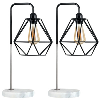 ValueLights Pair Of Retro Black Metal And White Marble Base Table Lamps