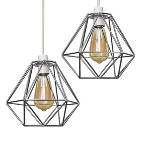 ValueLights Pair Of Retro Style Chrome Metal Basket Cage Ceiling Pendant Light Shades