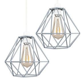 ValueLights Pair Of Retro Style Grey Metal Basket Cage Ceiling Pendant Light Shades