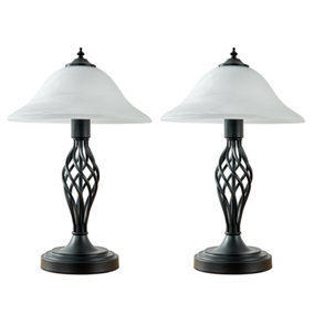ValueLights Pair of - Satin Black Barley Twist Table Lamps With Frosted Alabaster Shade With 6w LED GLS Bulbs In Warm White