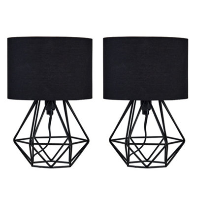 ValueLights Pair Of Satin Black Metal Basket Cage Table Lamps With Black Fabric Shades