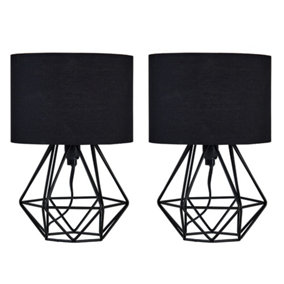 ValueLights Pair Of Satin Black Metal Basket Cage Table Lamps With Black Fabric Shades